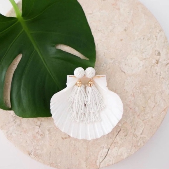 PANACEA Earrings Beaded Tassel I White I Metallic Gold Accents I Post Backings - Picture 2 of 11